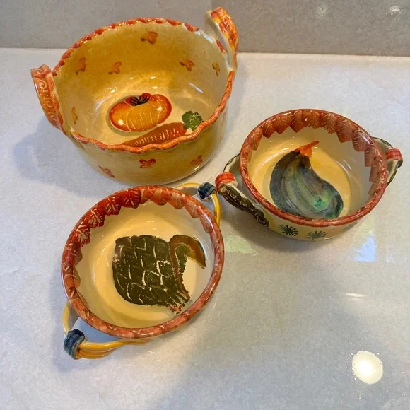 Set of 3 Italica arts oven safe hand painted casserole dishes.